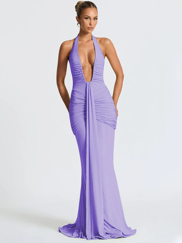 Sexy Maxi Dress Women  Sleeveless Draped Robe Elegant Club Party Long Dress
