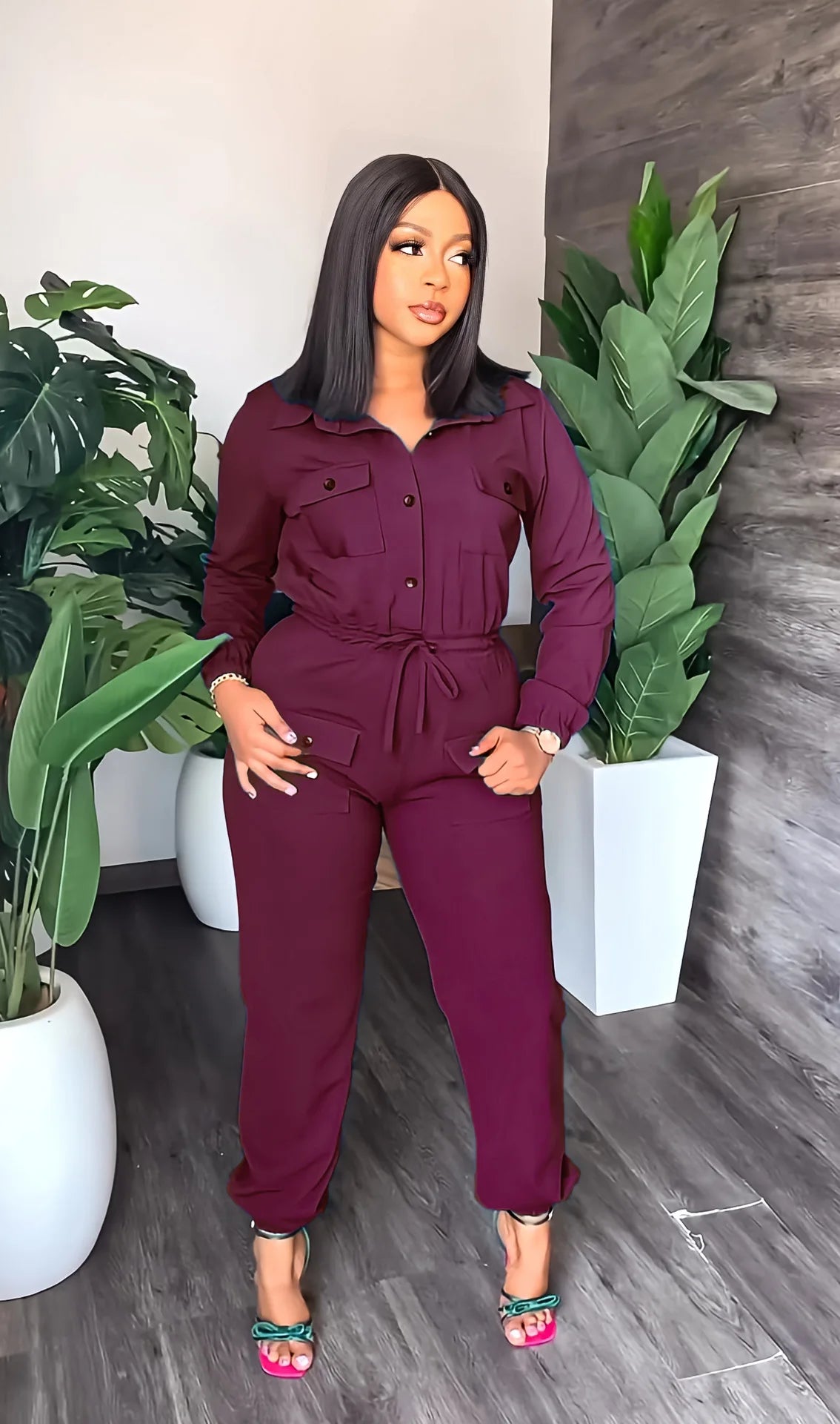 Single Breasted Turn-down Neck Long Sleeve Jumpsuit Streetwear