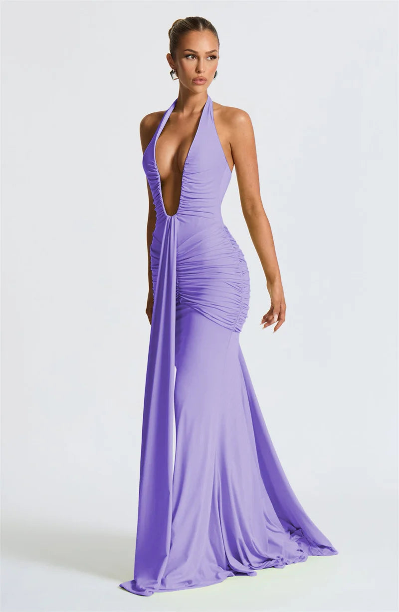 Sexy Maxi Dress Women  Sleeveless Draped Robe Elegant Club Party Long Dress