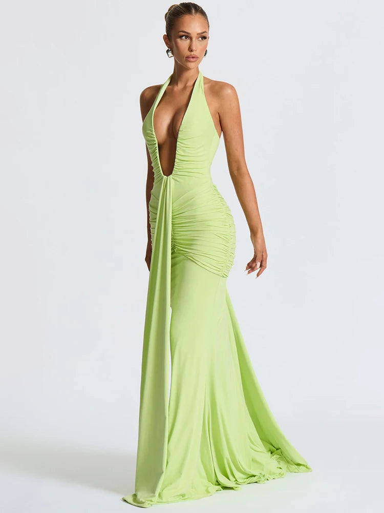 Sexy Maxi Dress Women  Sleeveless Draped Robe Elegant Club Party Long Dress