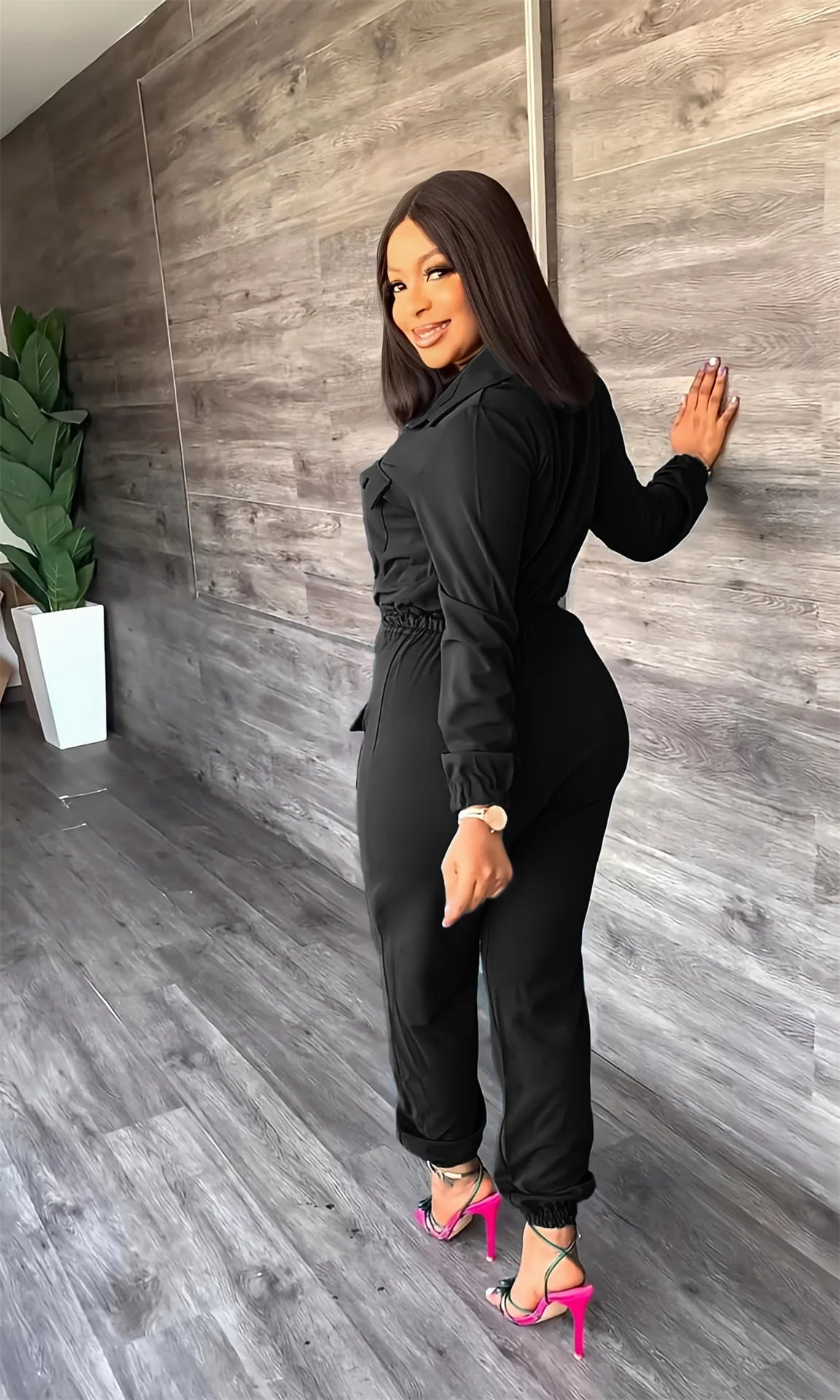 Single Breasted Turn-down Neck Long Sleeve Jumpsuit Streetwear