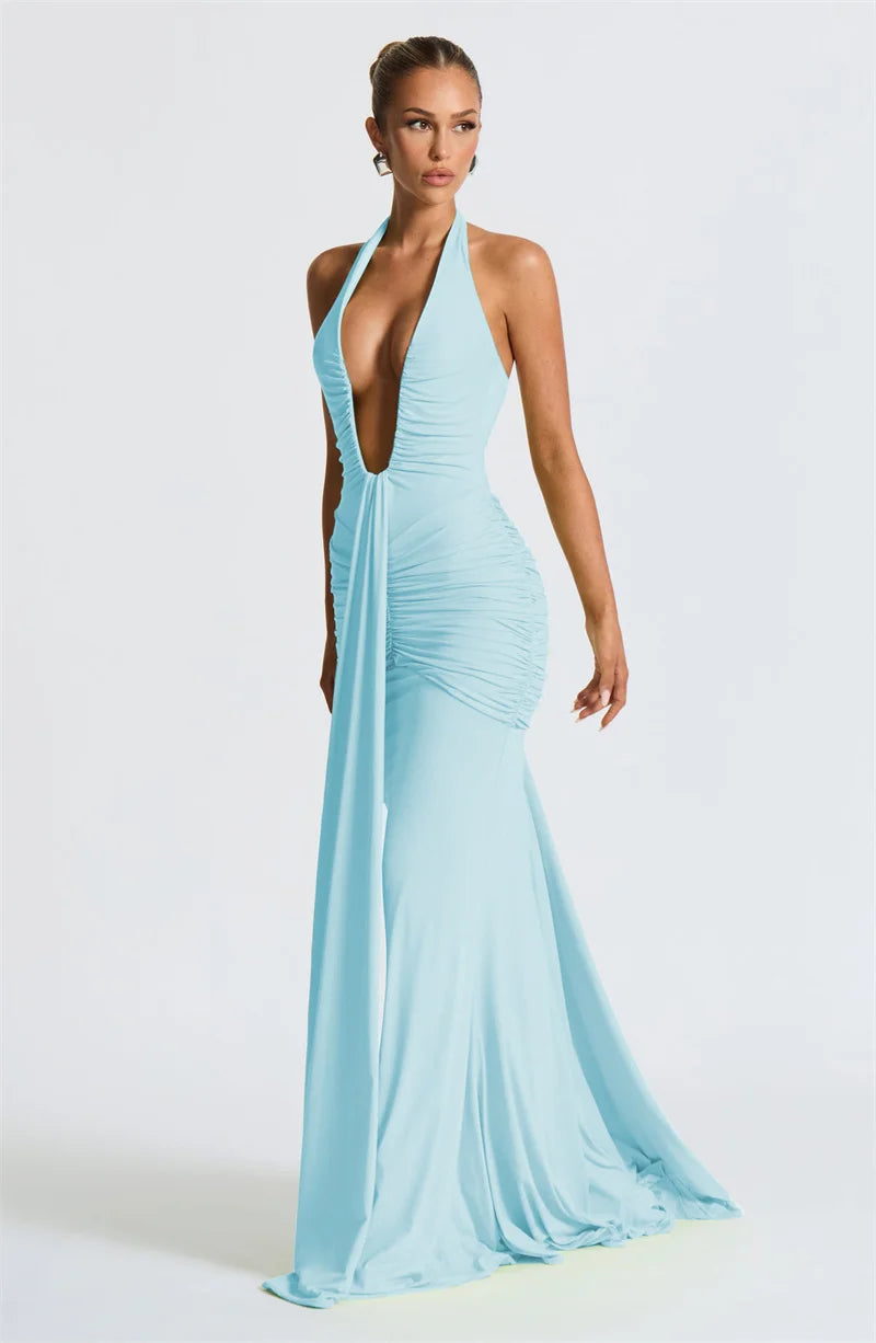 Sexy Maxi Dress Women  Sleeveless Draped Robe Elegant Club Party Long Dress