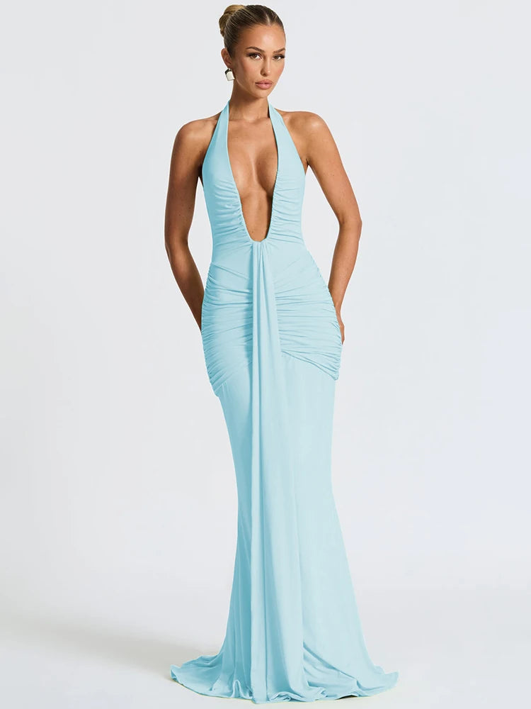 Sexy Maxi Dress Women  Sleeveless Draped Robe Elegant Club Party Long Dress