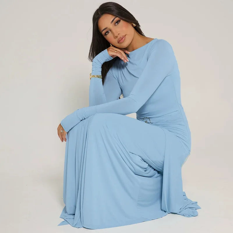 Long Sleeve Ruched Sexy Maxi Dress Women Gown Fashion Draped Bodycon Long Dresses Female Solid Clothing